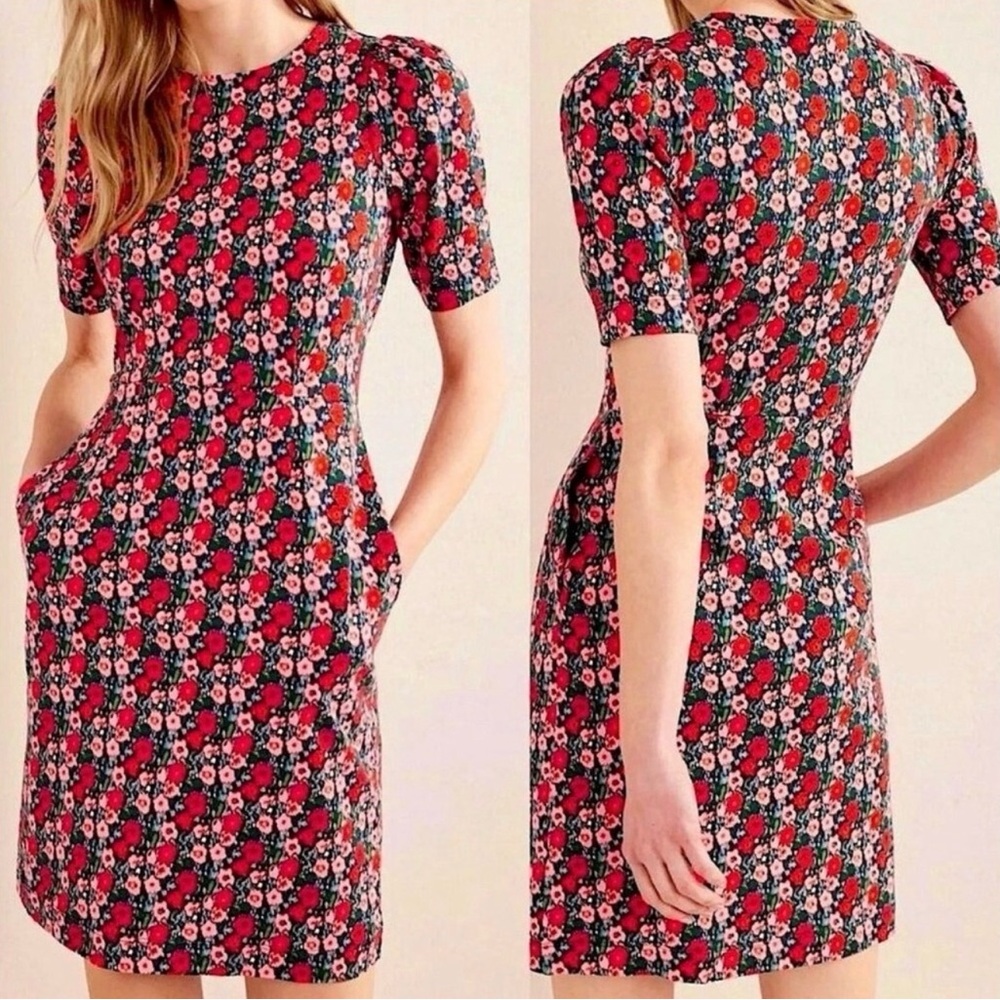 Boden Zoe Floral Print Pockets Jersey Dress Sz 16-18 L Crew Neck Short Sleeve